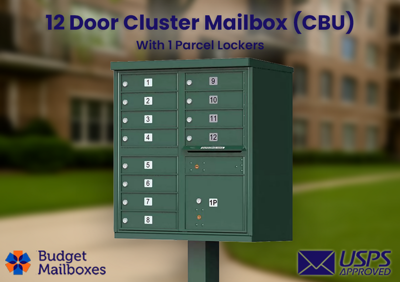 12 Door High Security USPS Cluster Mailbox CBU with 1 Parcel Locker, Pedestal Included