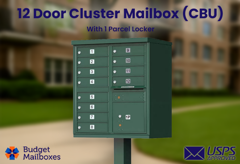 Florence 12 Door USPS Cluster Mailbox with Parcel Locker, Pedestal Included