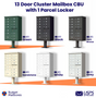 13 Door USPS Cluster Mailbox CBU with 1 Parcel Locker, Pedestal Included