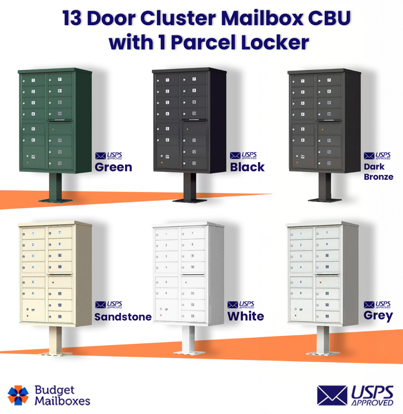 13 Door High Security USPS Cluster Mailbox CBU with 1 Parcel Locker, Pedestal Included