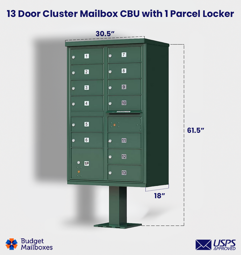 Florence 13 Door USPS Cluster Mailbox with Parcel Locker, Pedestal Included