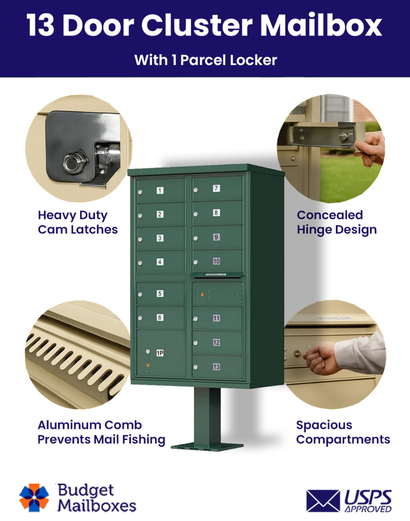 Florence 13-Door Cluster Mailbox Premium Package with Pedestal and Installation Hardware