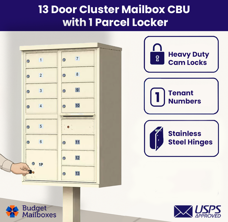 13 Door High Security USPS Cluster Mailbox CBU with 1 Parcel Locker, Pedestal Included
