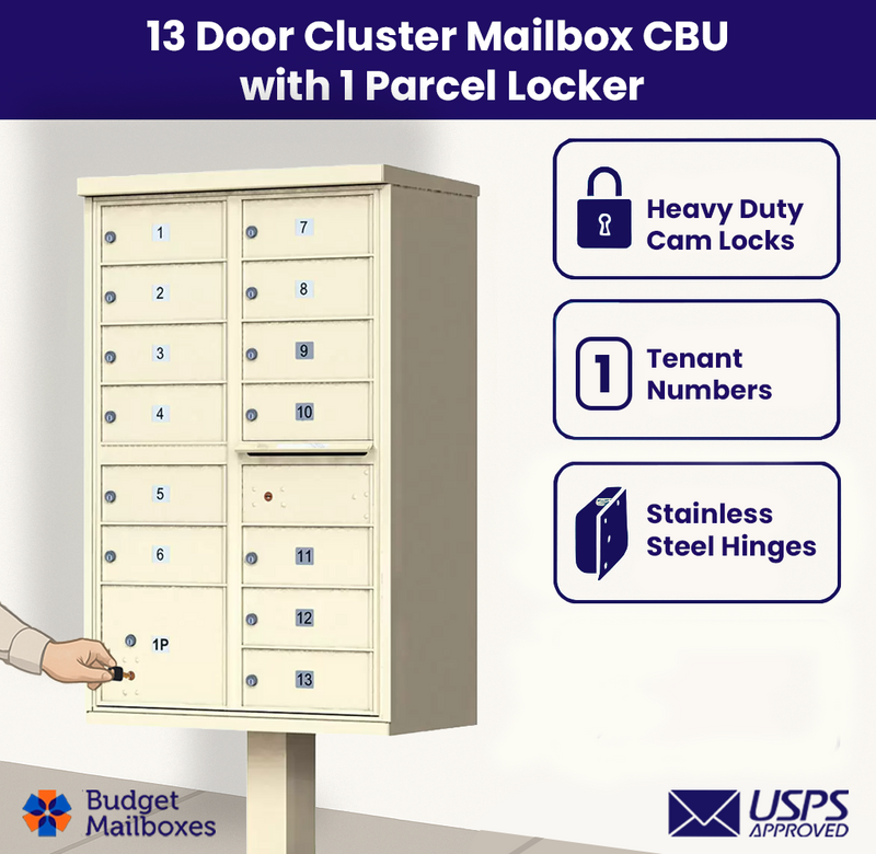 Florence 13 Door USPS Cluster Mailbox with Parcel Locker, Pedestal Included