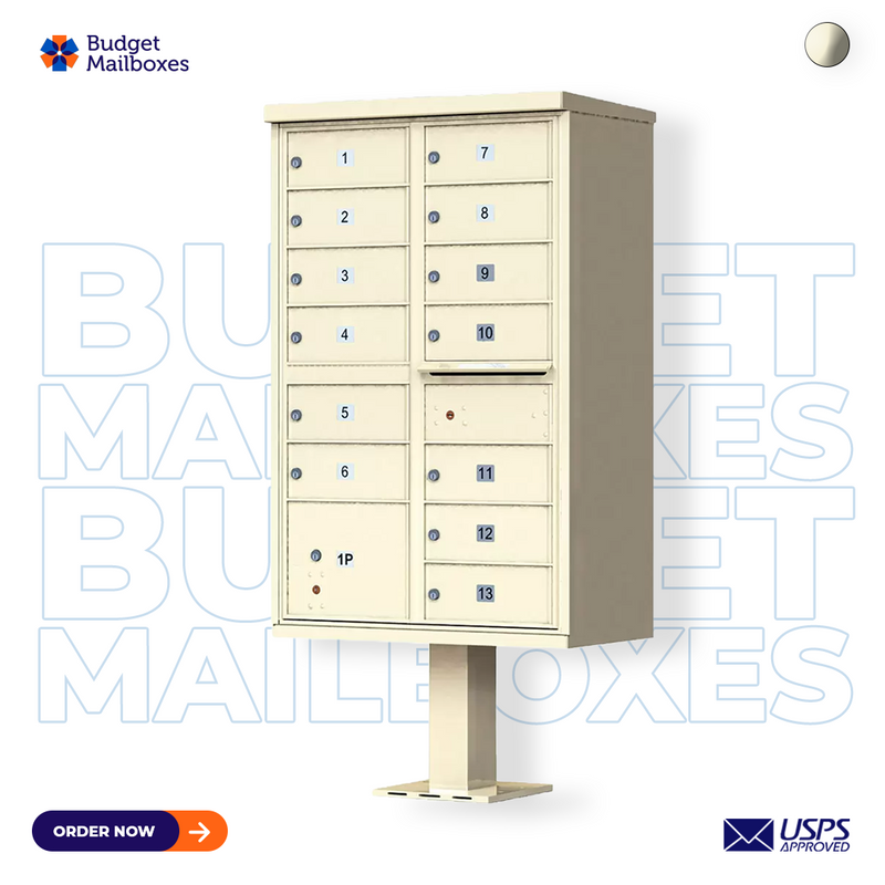 13 Door USPS Cluster Mailbox CBU with 1 Parcel Locker, Pedestal Included