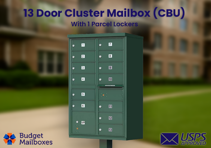 13 Door USPS Cluster Mailbox CBU with 1 Parcel Locker, Pedestal Included