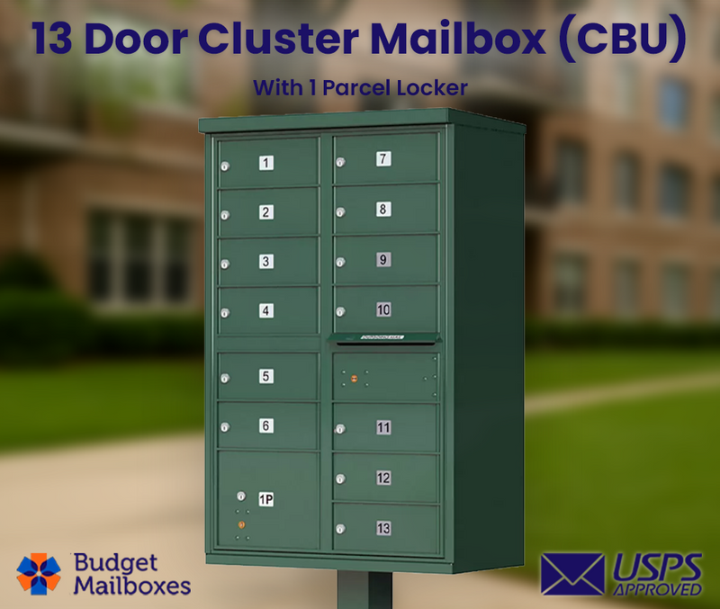 Florence 13 Door USPS Cluster Mailbox with Parcel Locker, Pedestal Included