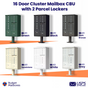16 Door USPS Cluster Mailbox CBU with 2 Parcel Lockers, Pedestal Included