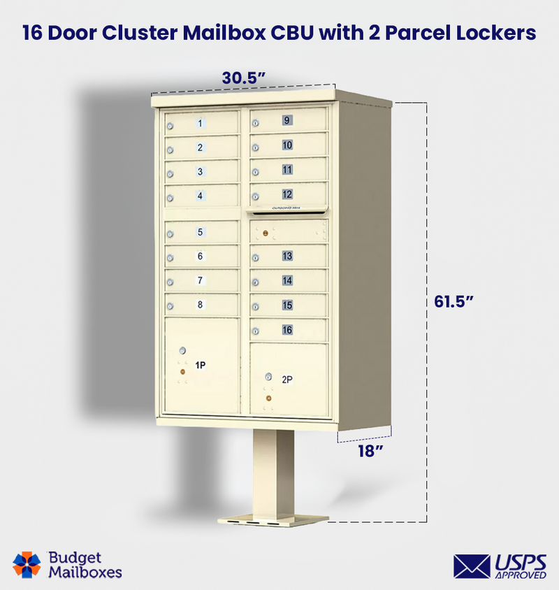 Florence 16 Door USPS Cluster Mailbox with 2 Parcel Lockers, Pedestal Included