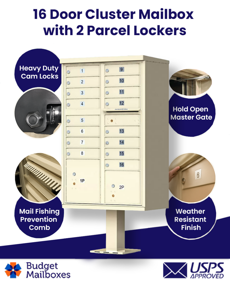 16 Door USPS Cluster Mailbox CBU with 2 Parcel Lockers, Pedestal Included
