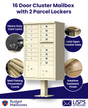 16 Door USPS Cluster Mailbox CBU with 2 Parcel Lockers, Pedestal Included