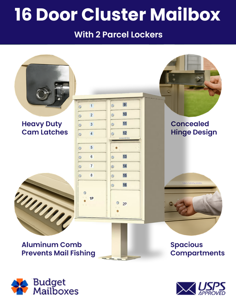 Florence 16 Door USPS Cluster Mailbox with 2 Parcel Lockers, Pedestal Included