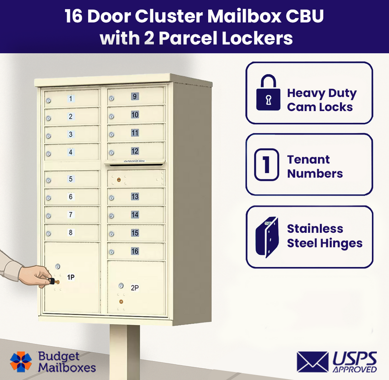 16 Door USPS Cluster Mailbox CBU with 2 Parcel Lockers, Pedestal Included
