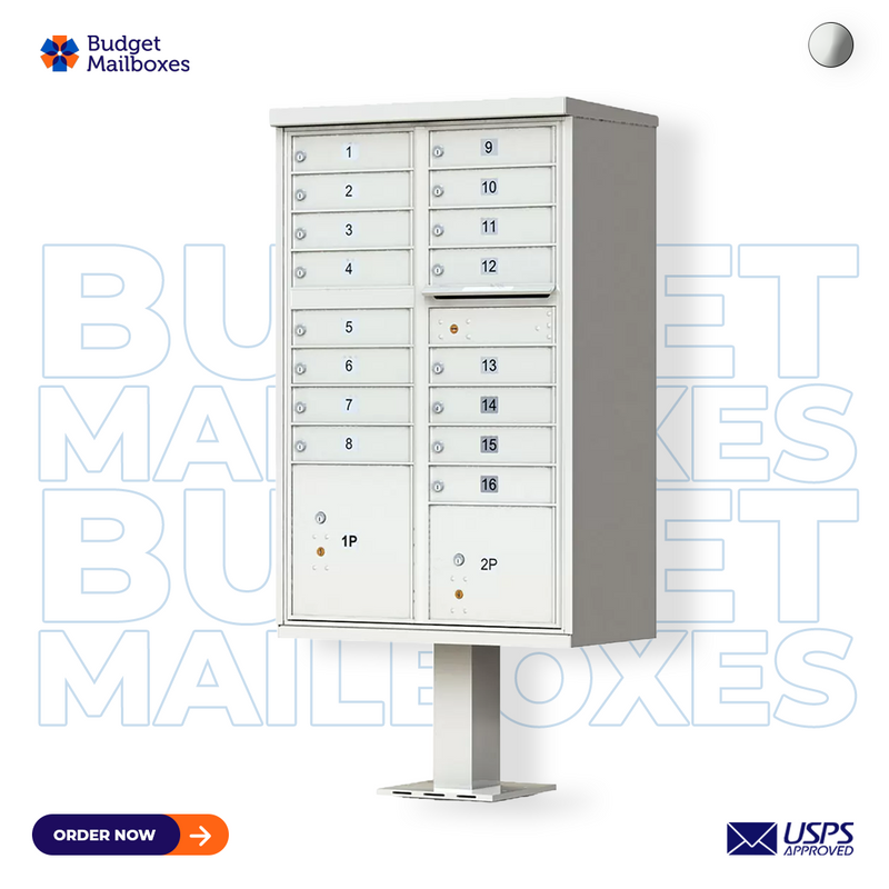 16 Door High Security USPS Cluster Mailbox CBU with 2 Parcel Lockers, Pedestal Included