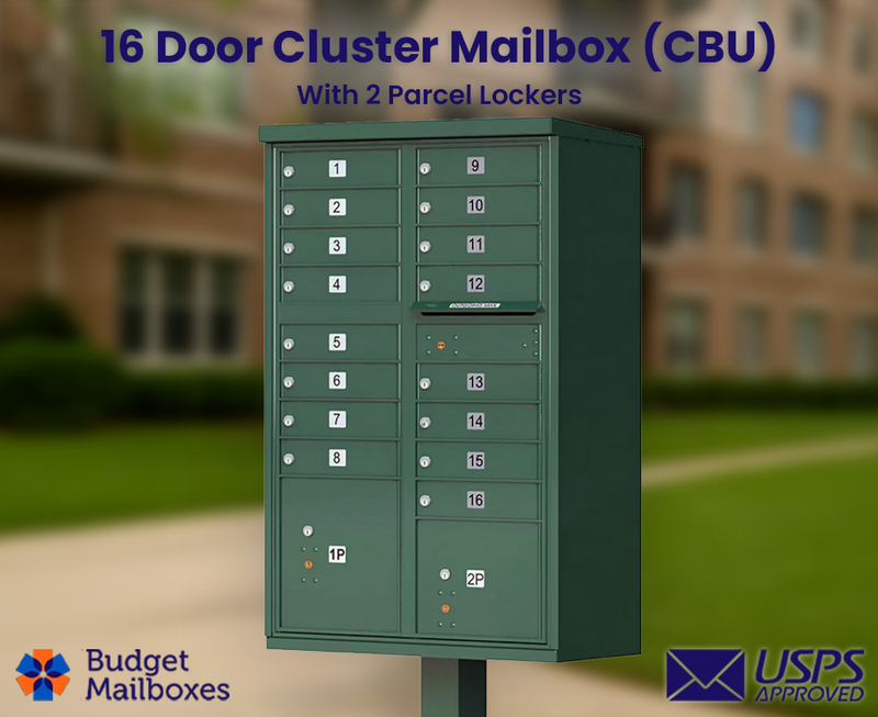 16 Door USPS Cluster Mailbox CBU with 2 Parcel Lockers, Pedestal Included