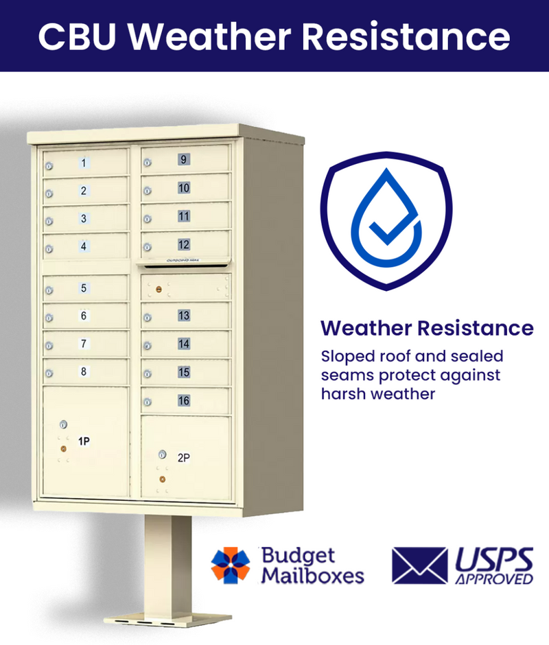 16 Door USPS Cluster Mailbox CBU with 2 Parcel Lockers, Pedestal Included