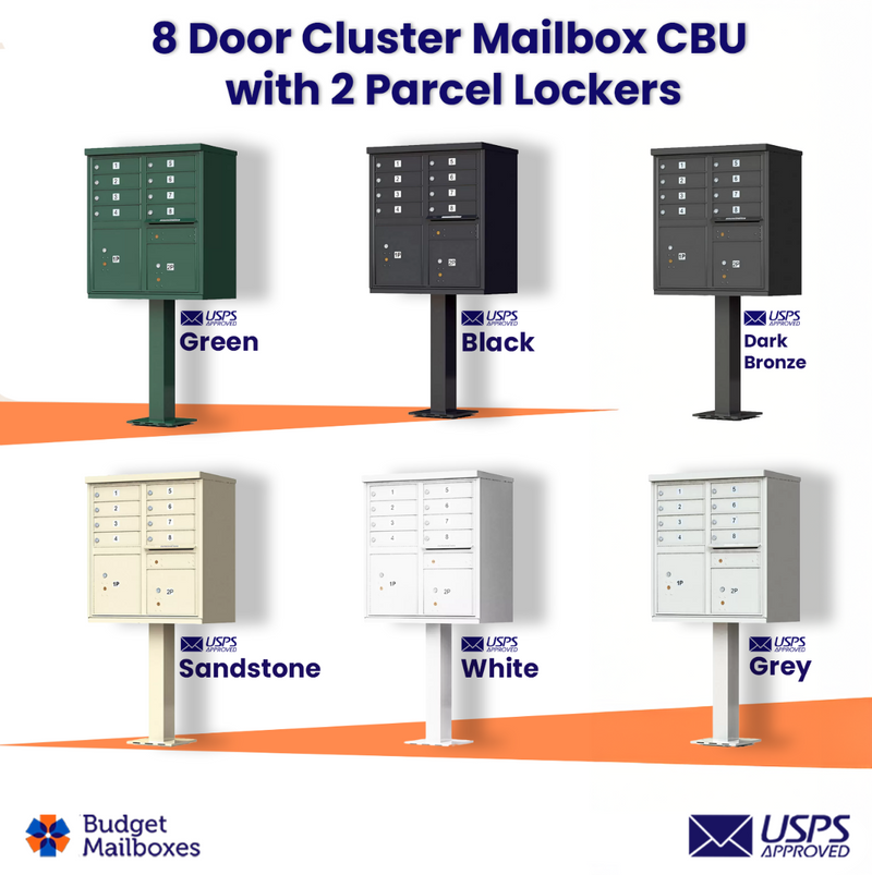 8 Door USPS Cluster Mailbox CBU with 2 Parcel Lockers, Pedestal Included