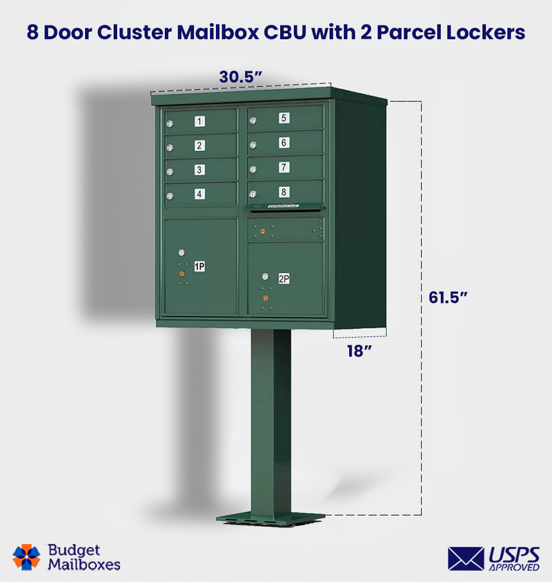 8 Door USPS Cluster Mailbox CBU with 2 Parcel Lockers, Pedestal Included