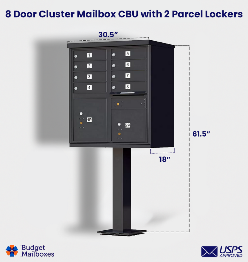 Florence 8 Door USPS Cluster Mailbox with 2 Parcel Lockers, Pedestal Included