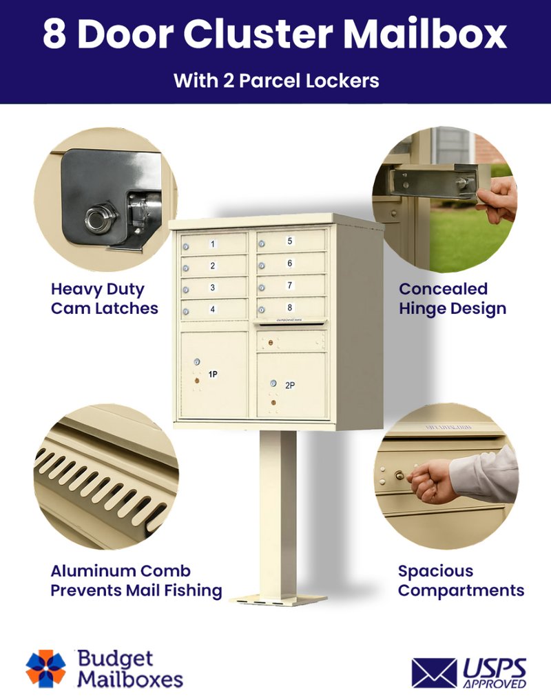 8 Door USPS Cluster Mailbox CBU with 2 Parcel Lockers, Pedestal Included