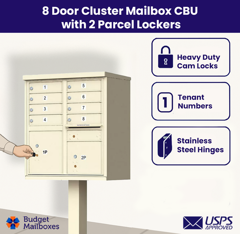 Florence 8 Door USPS Cluster Mailbox with 2 Parcel Lockers, Pedestal Included