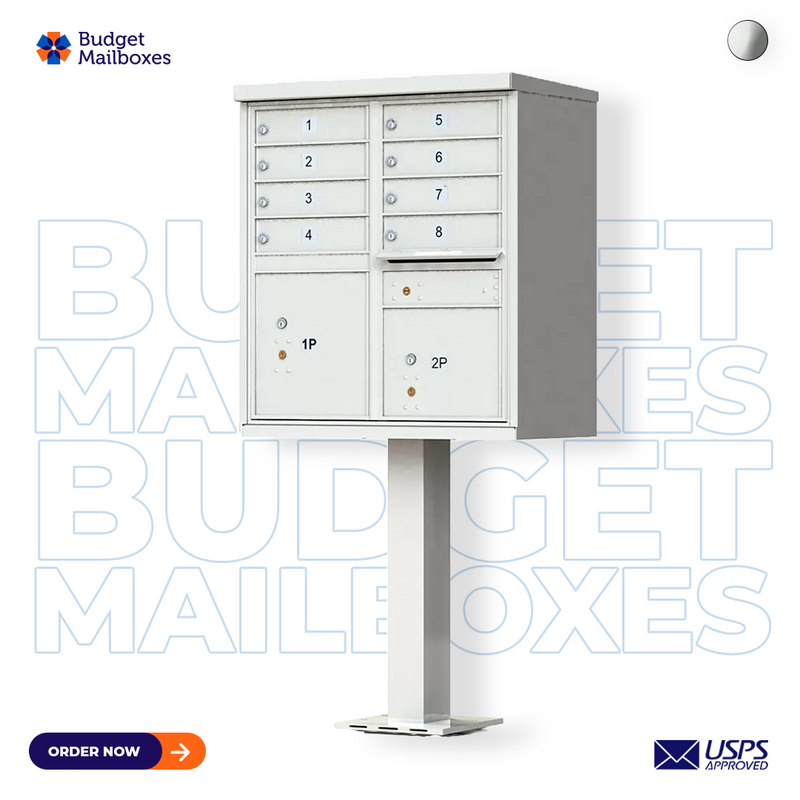 8 Door High Security USPS Cluster Mailbox CBU with 2 Parcel Lockers, Pedestal Included