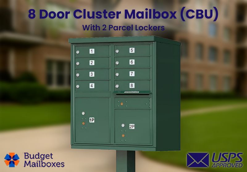 8 Door USPS Cluster Mailbox CBU with 2 Parcel Lockers, Pedestal Included