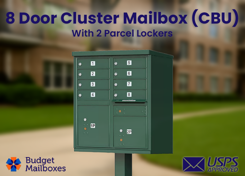 Florence 8 Door USPS Cluster Mailbox with 2 Parcel Lockers, Pedestal Included