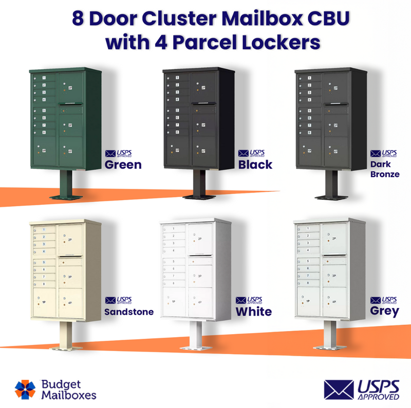 Florence 8 Door USPS Cluster Mailbox with 4 Parcel Lockers, Pedestal Included