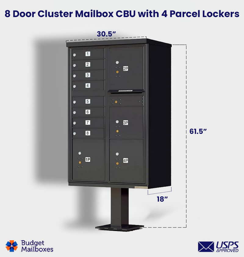 Florence 8 Door USPS Cluster Mailbox with 4 Parcel Lockers, Pedestal Included