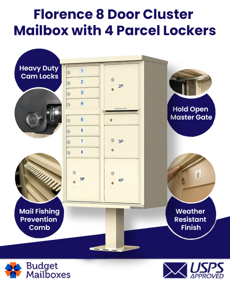 Florence 8 Door USPS Cluster Mailbox with 4 Parcel Lockers, Pedestal Included