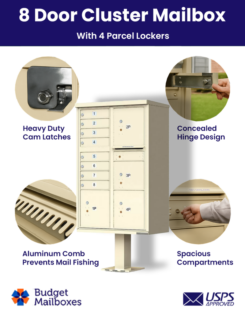 Florence 8 Door USPS Cluster Mailbox with 4 Parcel Lockers, Pedestal Included