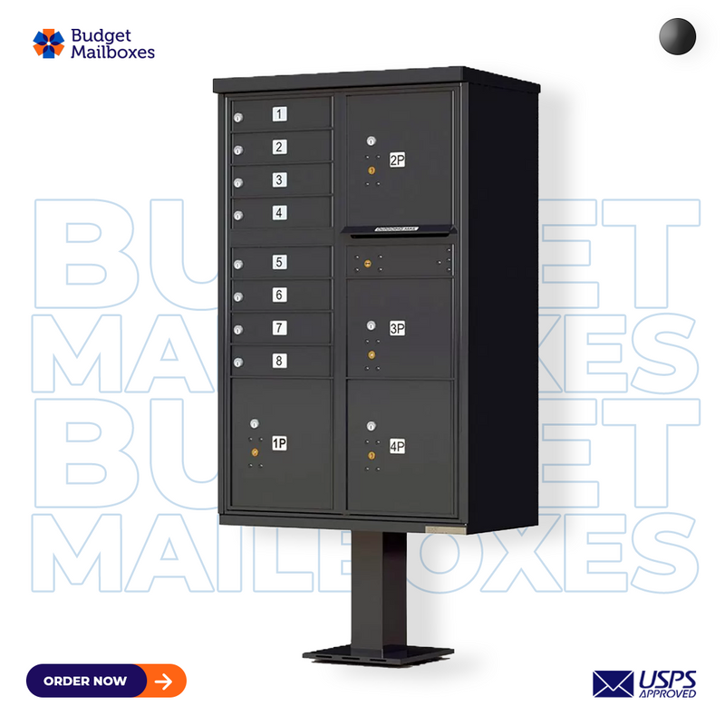 Florence 8 Door USPS Cluster Mailbox with 4 Parcel Lockers, Pedestal Included