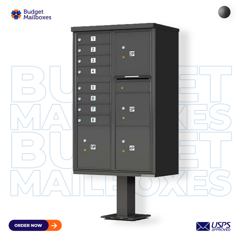 Florence 8 Door USPS Cluster Mailbox with 4 Parcel Lockers, Pedestal Included