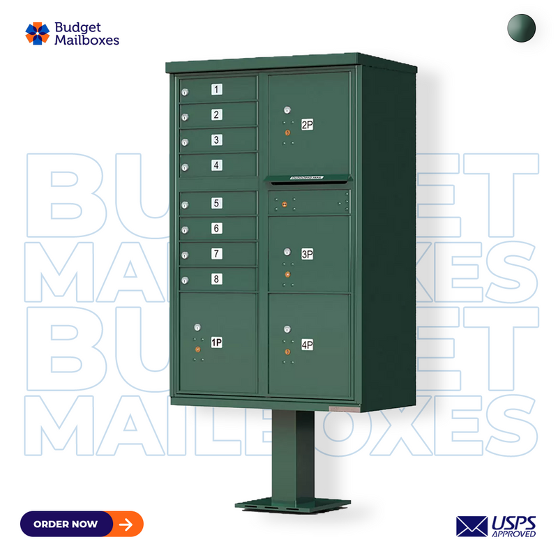 Florence 8 Door USPS Cluster Mailbox with 4 Parcel Lockers, Pedestal Included
