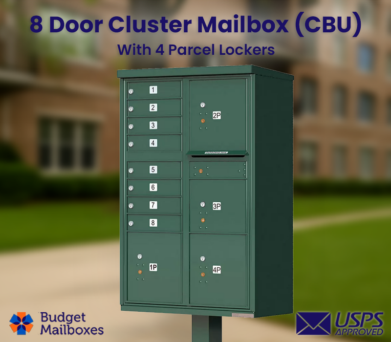 Florence 8 Door USPS Cluster Mailbox with 4 Parcel Lockers, Pedestal Included