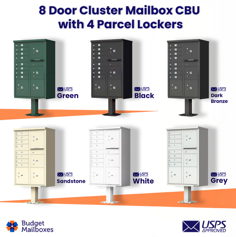 8 Door USPS Cluster Mailbox CBU with 4 Parcel Lockers, Pedestal Included