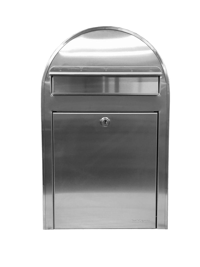 Bobi Classic Slim Front Access Modern Locking Stainless Steel Mailbox and Round White Post Combo