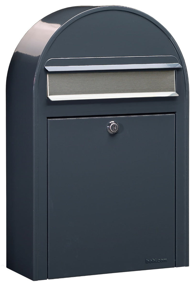 Bobi Classic Slim Front Access Modern Locking Grey Mailbox with Stainless Steel Mail Slot and Round White Post Combo