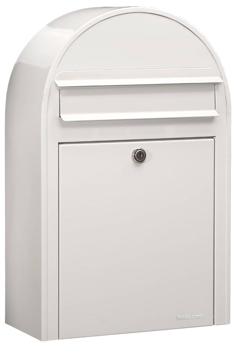 Bobi Classic Slim Front Access Modern Locking White Mailbox and Round Red Post Combo