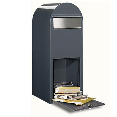 Bobi Jumbo Front Access Package Grey Mailbox with Stainless Steel Mail Slot and Round Green Post Combo