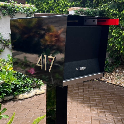 Ted Stuff Quick-Ship Uptown Modern Post Mounted Mailbox in White and Black with Stainless Steel Stick on Numbers