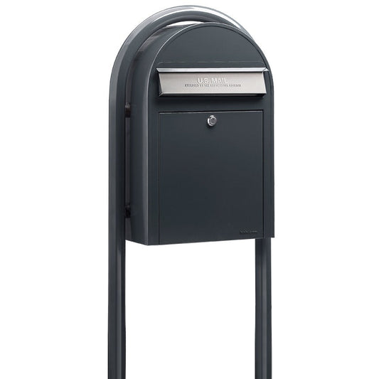 Bobi Classic Front Access Grey Mailbox with Stainless Steel Mail Slot and Round Grey Post Combo