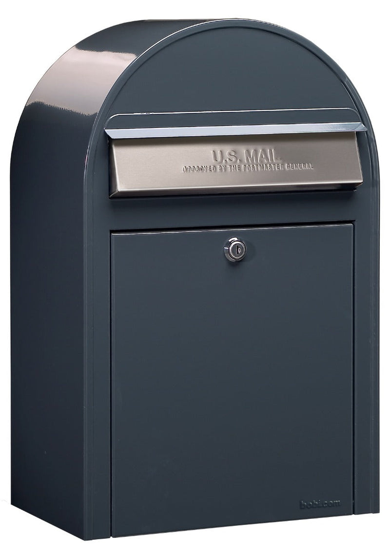 Bobi Classic Front Access Grey Mailbox with Stainless Steel Mail Slot and Round White Post Combo