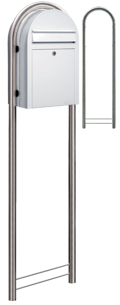 Bobi Classic Front Access White Mailbox and Round Stainless Steel Post Combo