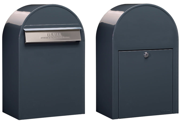 USPS Approved Bobi Classic B Rear Access Modern Locking Grey Mailbox and Round Stainless Steel Post Combo