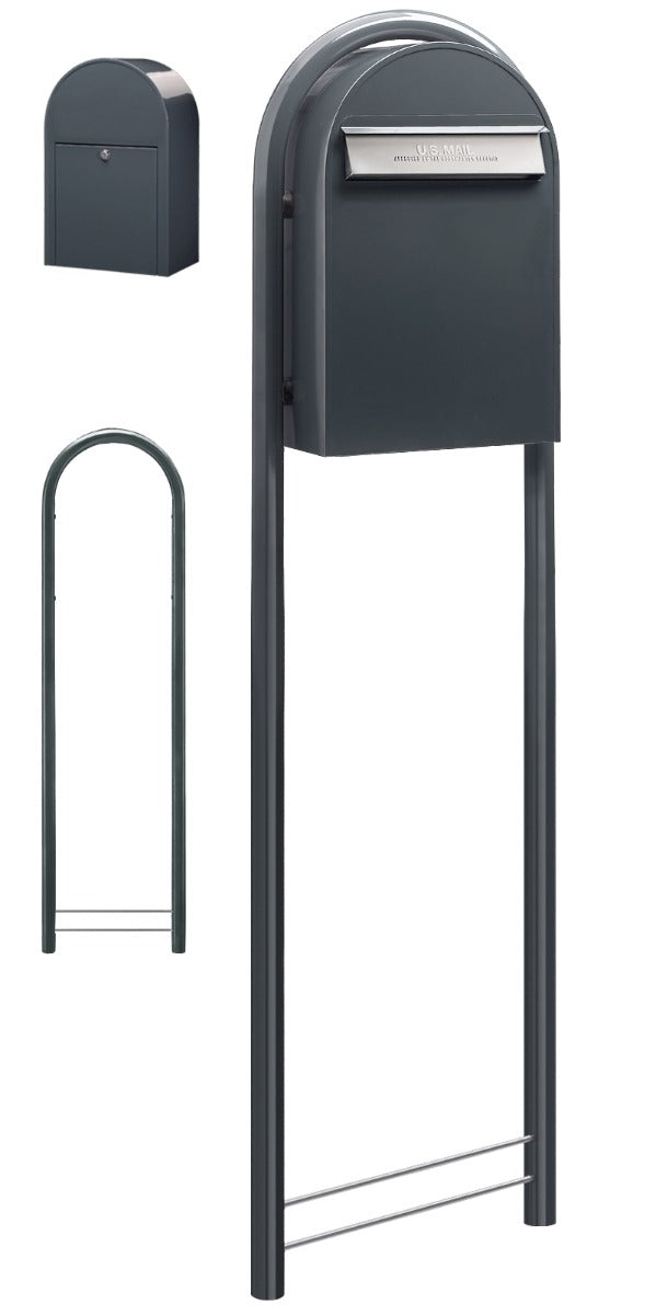 USPS Approved Bobi Classic B Rear Access Modern Locking Grey Mailbox with Stainless Steel Mail Slot and Round Grey  Post Combo