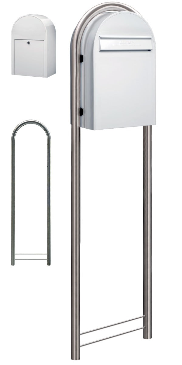 USPS Approved Bobi Classic B Rear Access Modern Locking White Mailbox and Round Stainless Steel Post Combo