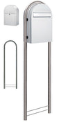 USPS Approved Bobi Classic B Rear Access Modern Locking White Mailbox and Round Stainless Steel Post Combo