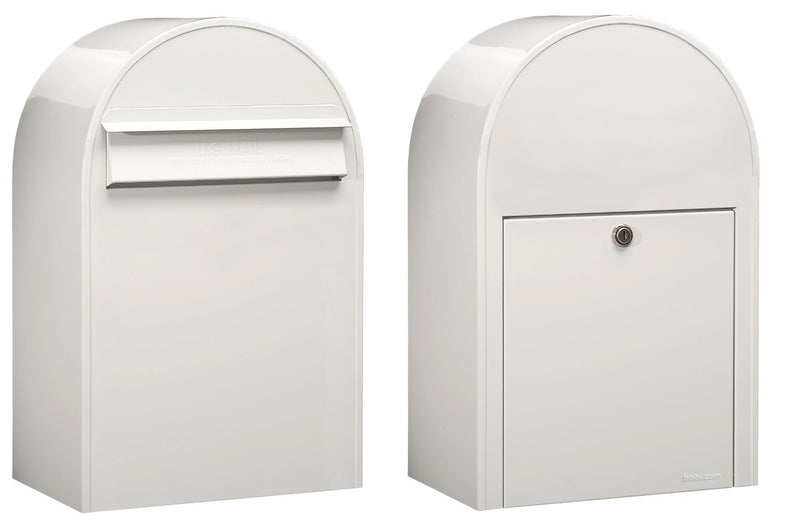 USPS Approved Bobi Classic B Rear Access Modern Locking White Mailbox and Round Grey Post Combo